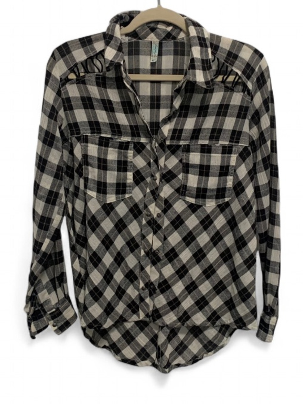 Free People Black and White Plaid Long Sleeve Button-Down Shirt